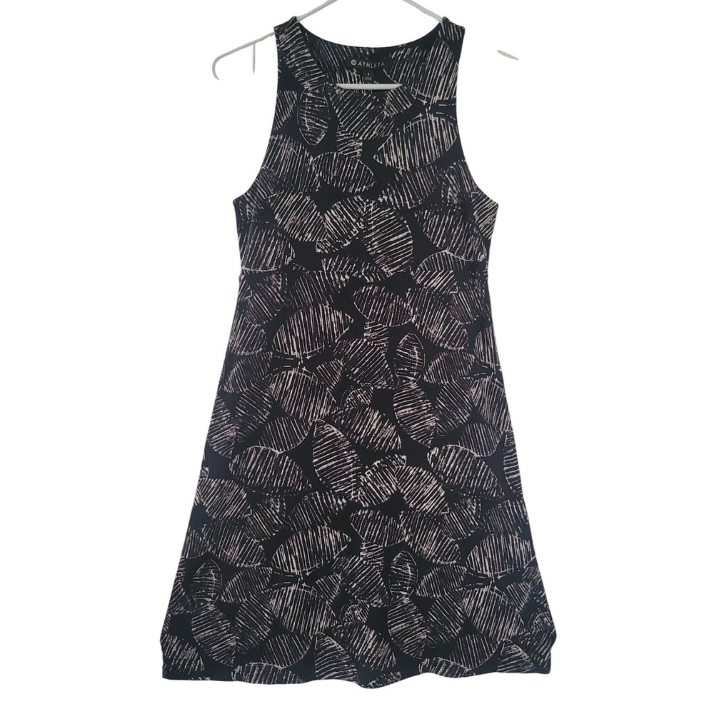 Athleta Shift Dress Women‎ S Black White Leaf Print Sleeveless Stretches Travel